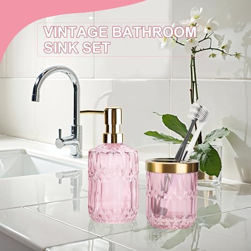 RRM Glass Bathroom Toothbrush Holder and Soap Dispenser Set, Pink - Image 2