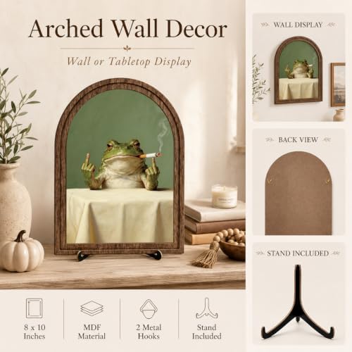 Funny Frog Tabletop Decor Sign, Arched Wooden Frame with Stand, Retro Whimsical Print, Home Office Desk Art for Living Room Bedroom, Vintage Frog Smoking Poster - Image 4