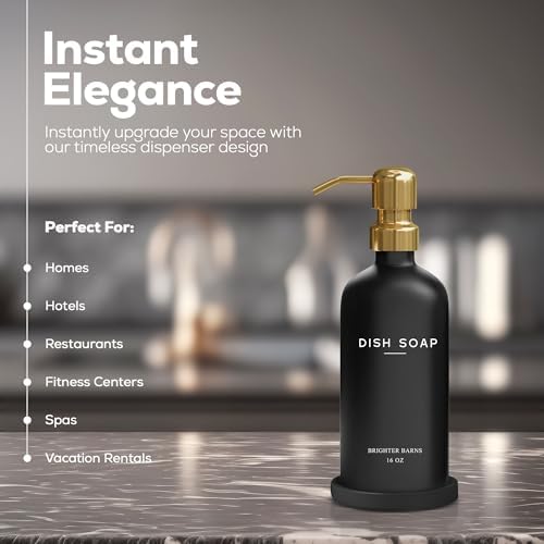 Luxury Glass Dish Soap Dispenser for Kitchen Sink by Brighter Barns - Refillable Glass Kitchen Soap Dispenser Set - Black and Gold Home Decor for Modern Home, Rentals, Restaurants, Gift (Black/Gold) - Image 2