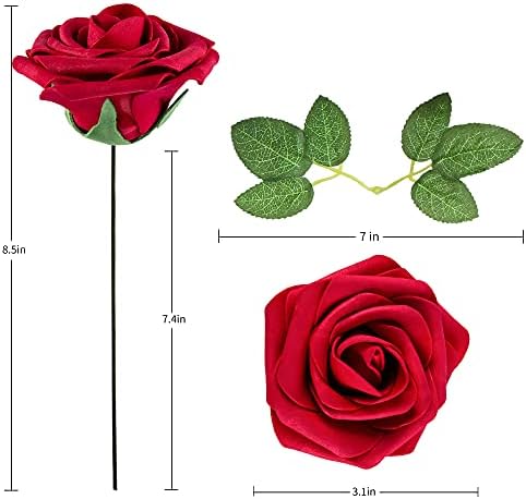 Artificial Flower Foam Rose 25pcs Real Looking Fake Rose with Stems Leaves for Home Decoration Party Garden Centerpieces DIY Wedding Bouquets（Dark Red） - Image 2