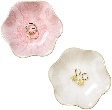 JAMEND CLXP 2PCS Lotus Leaf Shape Ring Holder Dish, Small Key Bowl, Ceramic Trinket Tray Jewelry Dish Organizing Necklace Earrings for Mom Friend Sister, All Jewelries Are NOT Included. White +Pink.… by JAMEND+CLXP