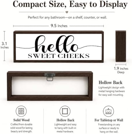 Bathroom Wood Sign, Hello Sweet Cheeks, Funny Farmhouse Bathroom Wall Decor for Shelf Counter or Wall Display, Rustic Solid Wood Sign, Modern Farmhouse Wall Decor, Restroom Gift, 9.5 x 3.1 Inches - Image 6