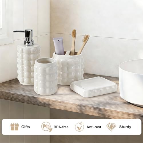 4 Piece Ceramic Bathroom Accessories Set –Soap Dispenser,Toothbrush Holder,Tumbler & Soap Dish,Includes Silicone Funnel,Non-Slip,Modern Farmhouse Countertop Organizer Set for Bathroom Decor, White - Image 6