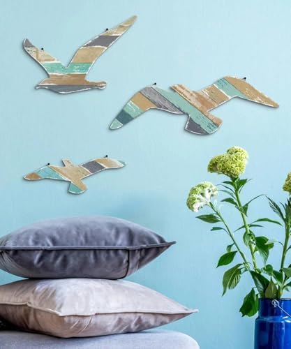 Putuo Decor Coastal Seagull Wall Decor Set of 3, Wooden Beach Wall Art on MDF with Distressed Nautical Stripes, Lightweight Ocean Theme Wall Hanging for Bathroom Living Room Bedroom Entryway - Image 6