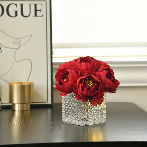 Artificial Peony Silk Flower Centerpieces with LED Light Faux Floral Arrangement in Glass Vase for Home Wedding Table Decoration (Dark Red) - Image 4