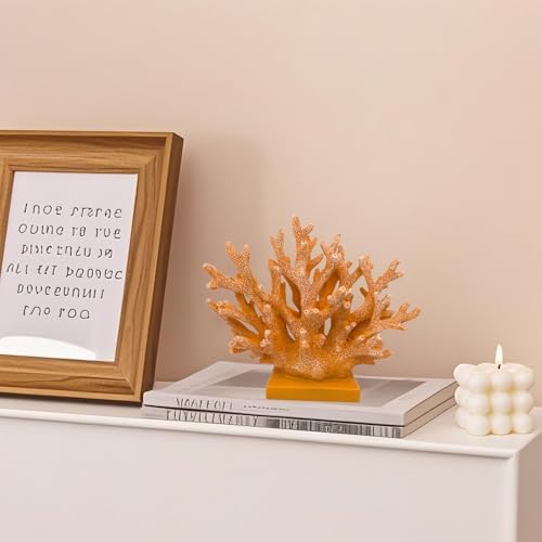 5.8" H Orange Coral Decor - Resin Coral Statue, Nautical Decor for Home, Bedroom, Bathroom, Living Room, Ocean Themed Cabinet Shelf Tabletop Decoration - Image 4