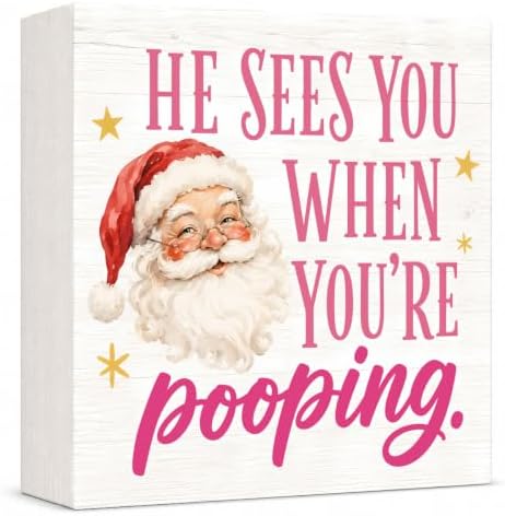 Christmas Bathroom Decor He Sees You When You're Pooping Funny Santa Sign by GUDIO