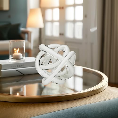 Torre & Tagus Orbit 4.5" Hand Blown White Glass Knot Sculpture, Table Decor - Image 5