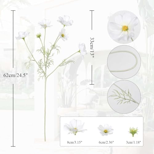 IPOPU White Daisy Flowers Artificial Cosmos 5PCS White Fake Wildflowers 24.5" Silk Flowers with Stems for Home Decor Indoor Artificial Daisies for Wedding Bouquets Floral Craft - Image 3