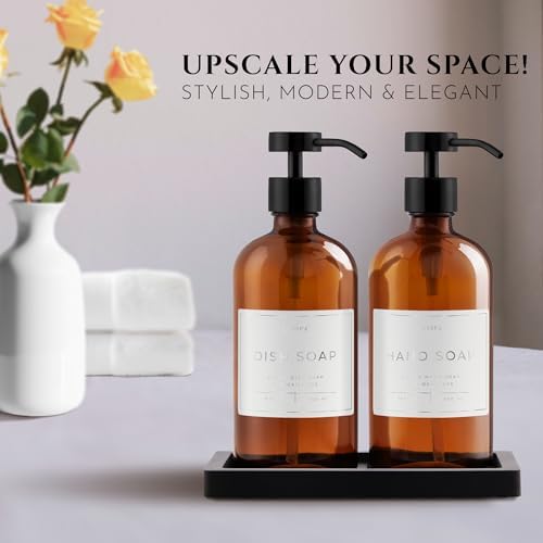 Glass Soap Dispenser Set of 2 (Amber) with Silicone Tray | Hand and Dish Soap Dispenser for Kitchen and Bathroom | 16.8 Oz Glass Bottles with Stainless Steel Pump & 15 Waterproof Labels (Amber/Black) - Image 2