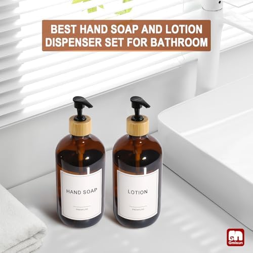 GMISUN Amber Glass Soap Dispenser, 2 Pack Bathroom Hand Soap Dispensers with Bamboo Pump, 17 Fl Oz Kitchen Hand and Dish Soap Dispenser Set, Modern Vintage Liquid Brown Soap Dispensers Bottle - Image 6