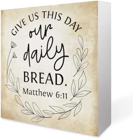 Inspirational Bible Verse Give Us This Day Our Daily Bread Wooden Box Sign Scripture Desk Decor Rustic Scripture Wood Block Plaque Box Sign for Home Office Shelf Table Decoration by Summerjokes