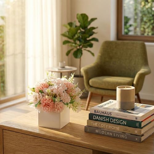 TKAS Fake Flowers Arrangement in Ceramic Vase, Artificial Faux Silk Hydrangea, Small Realistic Dried-Style Floral Centerpiece for Dining Table, Wedding Party Home Decoration (Champagne) - Image 3
