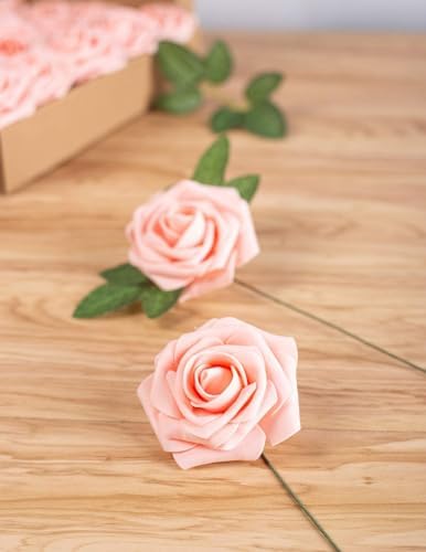 Peach Pink Rose 50pcs Foam Rose Real Looking Fake Rose with Stems Leaves for Home Decoration Party Garden Centerpieces DIY Wedding Bouquets（Peach Pink） - Image 3