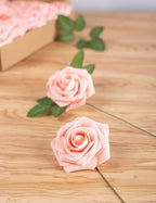 Peach Pink Rose 50pcs Foam Rose Real Looking Fake Rose with Stems Leaves for Home Decoration Party Garden Centerpieces DIY Wedding Bouquets（Peach Pink） - Image 3