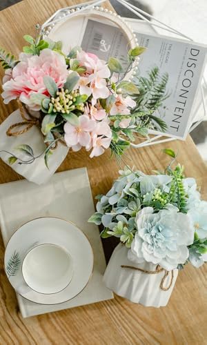 TKAS Fake Flowers Arrangement in Ceramic Vase, Artificial Faux Silk Roses & Hydrangea, Small Realistic Dried-Style Floral Dining Table Centerpiece for Wedding Party Home Decoration (Blue) - Image 4