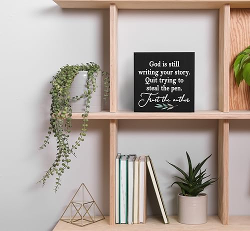 SRADMO God Is Still Writing Your Story Wood Box Sign Desk Decor 6x6, Christian Bible Verse Decor Black Wooden Box for Home Office, Inspirational Table Decorative Accessories (Black) - Image 3