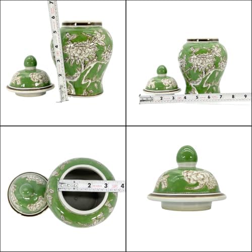 8" Ceramic Ginger Jar w/Lid - Classic Chinese Style Porcelain Jar Tea Storage for Home Decor Decorative Centerpiece Vintage Accent Antique Vase Jingdezhen (Green) - Image 2