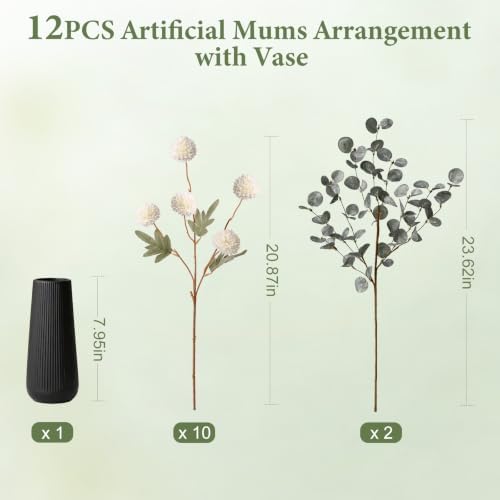 12 Pcs Realistic Fall Flowers Fake Mums with Vase, Full Silk Pompon Bulk - Image 6