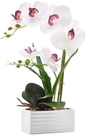 Artificial Real Touch Orchid Flowers with White Ceramic Vase, White by FuleHouzz