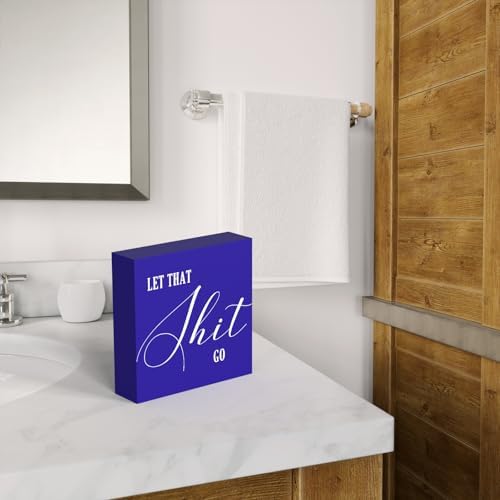 Funny Bathroom Decor Blue Wood Box Sign, Humorous Farmhouse Toilet Sign with Quote, Restroom Shelf Decor for Guest Bath, Tabletop Countertop - Image 5