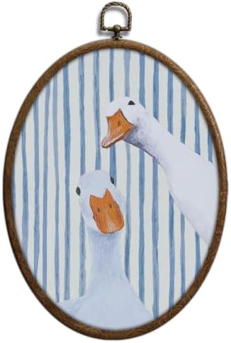 Whimsical Blue Stripe Goose Art, Cottage Core Oval Wall Decor, Waterproof by Unknown