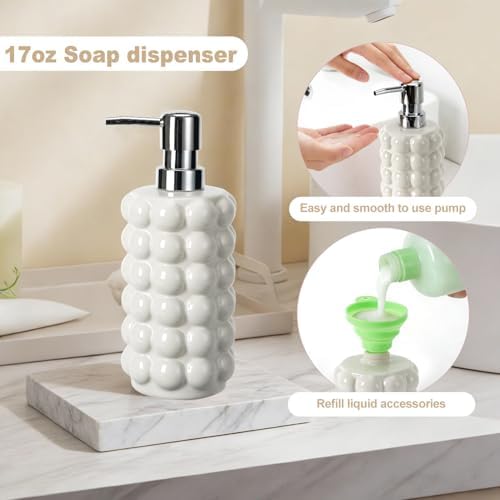 4 Piece Ceramic Bathroom Accessories Set –Soap Dispenser,Toothbrush Holder,Tumbler & Soap Dish,Includes Silicone Funnel,Non-Slip,Modern Farmhouse Countertop Organizer Set for Bathroom Decor, White - Image 4