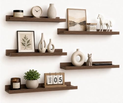 24inch Long Floating Shelves for Wall Decor, 5-Set Shelves with Lip, Walnut by RicherHouse