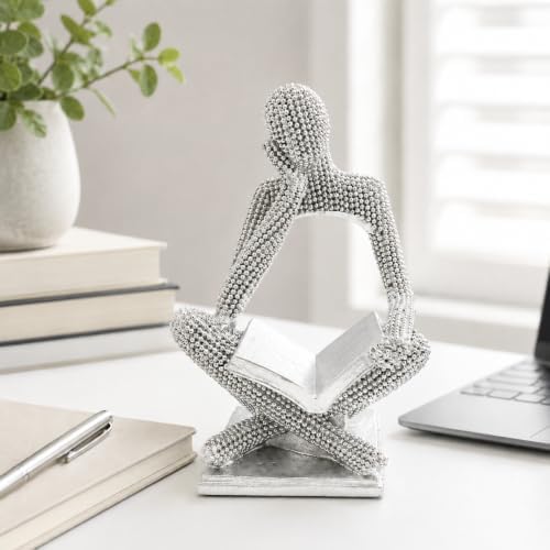 Sparkling Silver Reading Women Statue, Abstract Resin Thinker Sculptures - Image 5