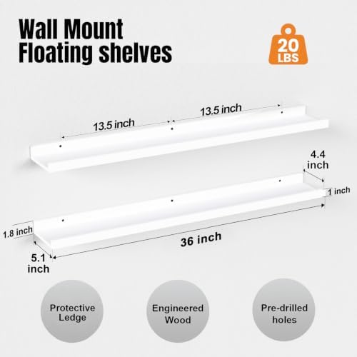 36inch Long Floating Shelves for Wall Decor, 3-Set Shelves with Lip, White - Image 3