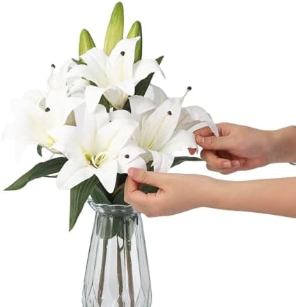 Garvee Faux Lily Flowers with Vase, 6 Heads Full Bloom Lily & 3 Buds, Long Stem Artificial Stargazer Lilies, Faux Tiger Bouquets in Glass Vase for Home Hotel Flower Arrangement Party Decor, White - Image 7