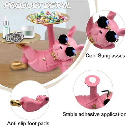 Huhote Resin French Bulldog Tray Statue, Lying Bulldog Candy Dish Key Holder Bowl, French Bulldog Accessories, Statues for Office Desk Home Decor Figurines Entryway Table Decor (Pink) - Image 3
