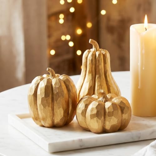 Gold Pumpkin Decor, 3Pcs Resin Pumpkin Figurines Fall Decoration for Home by CRPQX