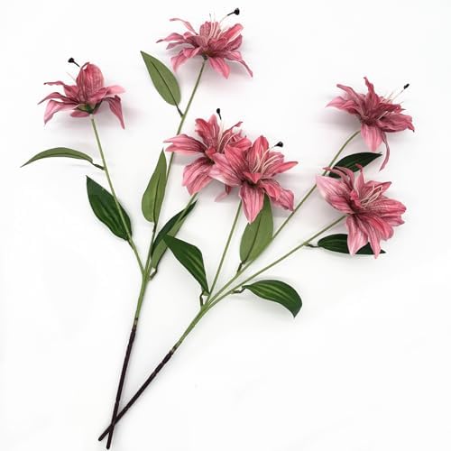 Artifical Lily Flowers Full Bloom Silk Flower Long Stems 4 Pack, Fake Stargazer Lilies Bundles Faux Tiger Lily Floral Plant for Wedding Bouquet Home Hotel Office Vase Arrangement Party Decor - Pink - Image 3