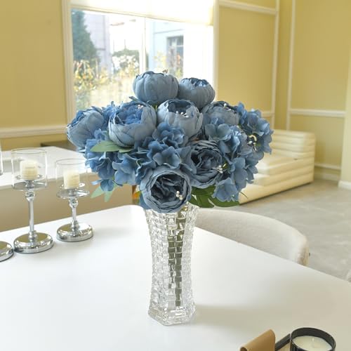 Artificial Peony Flowers 2 Bundles Peony Fake Flowers Faux Silk Peonies with Hydrangea Flower Bouquets for Wedding Home Party Decor Floral Arrangements Table Centerpieces, Dusty Blue X2 - Image 5