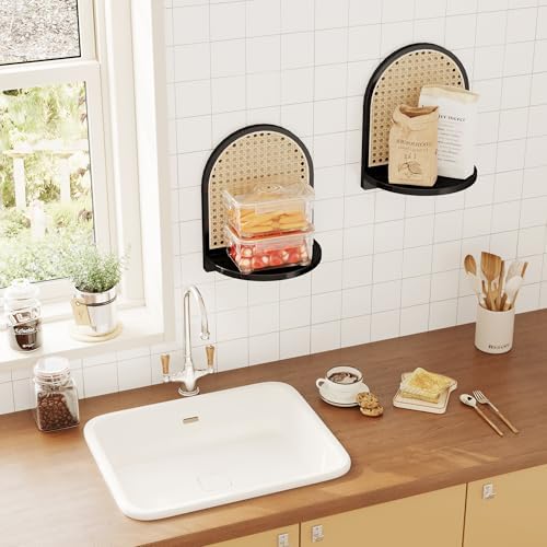 Rattan Shelf Set of 2, 7'' Black Rattan Shelf with Wicker Decor, Boho Wall Decor Small Floating Shelf for Plant Figurines Display, Mini Shelves for Knick Knack Storage - Image 6