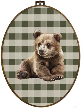 dvhdajed Vintage Bear Oval Wall Art Decor, Cabin Bear Green Checkered Framed Canvas Art, Baby Boys Nursery Decoration, Farmhouse Rustic Animal Wall Hanging Decor for Toddler Room Bedroom,8.7x11.3 In by dvhdajed