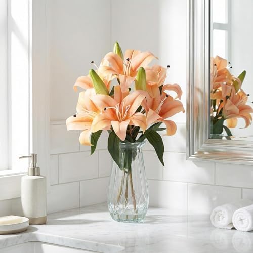 Garvee Faux Lily Flowers with Vase, 6 Heads Full Bloom Lily & 3 Buds, Long Stem Artificial Stargazer Lilies, Faux Tiger Bouquets in Glass Vase for Home Hotel Flower Arrangement Party Decor, Champagne by Garvee
