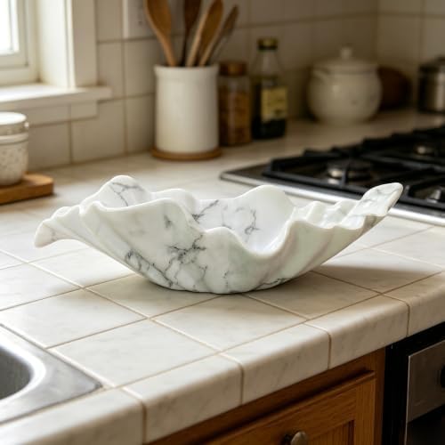 12" Large Decorative Bowl decor, Modern Home Decoration Scallop Bowl,Fashion Key Bowl for Entrance Table, Decorative Fruit Bowl for Kitchen Counter, Ruffle Decor, Marble White - Image 6
