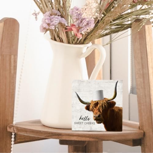 Highland Cow Bathroom Decor - Hello Sweet Cheeks Bathroom Decor, Rustic Highland Cow Western Wood Sign, 5 X 5 Inches - Image 5