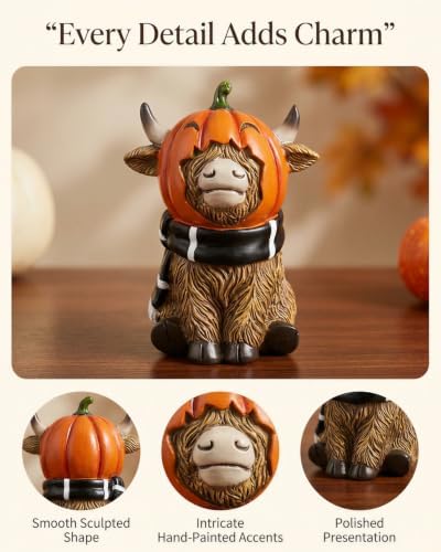 GoGnome Halloween Highland Cow Figurines Set of 2, Cute Pumpkin Head Cow Resin Statues with Scarves & Horn Details Farmhouse Fall Tabletop Decorations (Brown Highland Cow) - Image 6