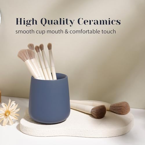 INGOFIN 3 Pcs Ceramic Bathroom Accessory Set - Liquid Soap Dispenser, Toothbrush Holder & Tray, Bathroom Counter Set, Countertop Essentials for Home, Guest Bathroom, or Office Use, Matte Blue - Image 4