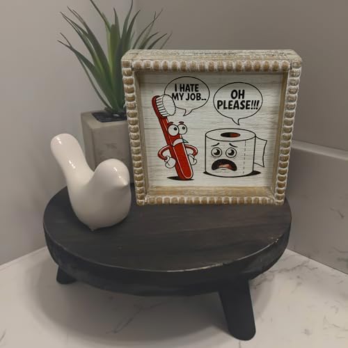 Boho Farmhouse Wooden Framed Bathroom Decor Signs, Funny Restroom Decorative Plaque Small Cute, Toilet Rules Shelf Decoration (I Hate My Job) - Image 5