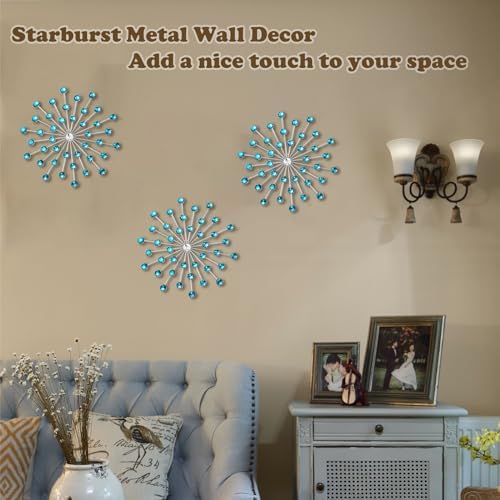 DXYAKY Set of 3 Modern Starburst Wall Decor, Metal Wall Sculpture with Crystal Accents, Blue 3D Wall Art for Living Room, Bedroom & Home, Elegant Hanging Wall Decoration - Image 7