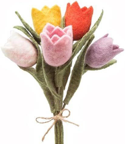 Glaciart One Felt Tulip Flowers Artificial Bouquet - 5 pcs|Reusable, Washable and Essential Oil Ready Multi Color Artificial Flowers w/Bendable Wire Stem |Great as Gift and Home or Event Decorations by GlaciartOne