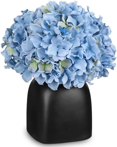 Briful Blue Hydrangea Artificial Flowers in Ceramic Vase, Black Vase Farmhouse Centerpieces for Tables, Dining Table Vase with Fake Flowers for Home Decor Indoor Kitchen Living Room by Briful