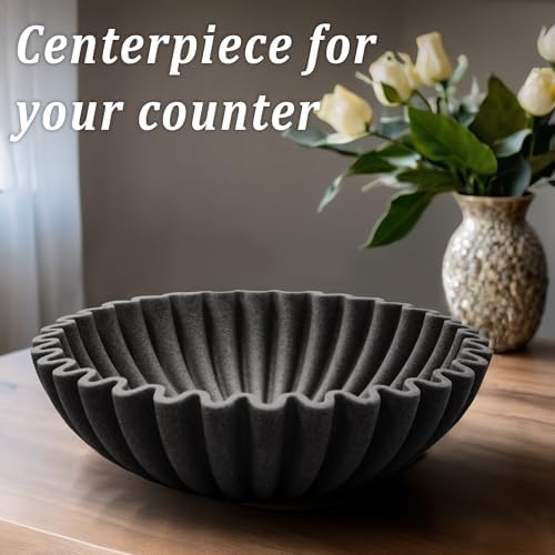 LIN CHUAN Ruffle Decorative Bowl, Large Fruit Bowl, Artificial Stone BLack - Image 3