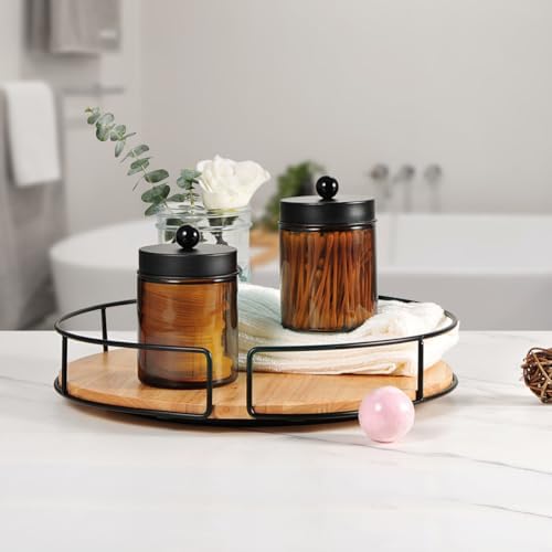 Amolliar Amber Glass Apothecary Jars Qtip Holder w/Metal Lids,Black 6pc - Image 2