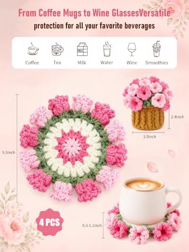 Crochet Flower Bouquet Coasters, Cotton Tulip Gift for Home Decor 4Pcs - Image 2