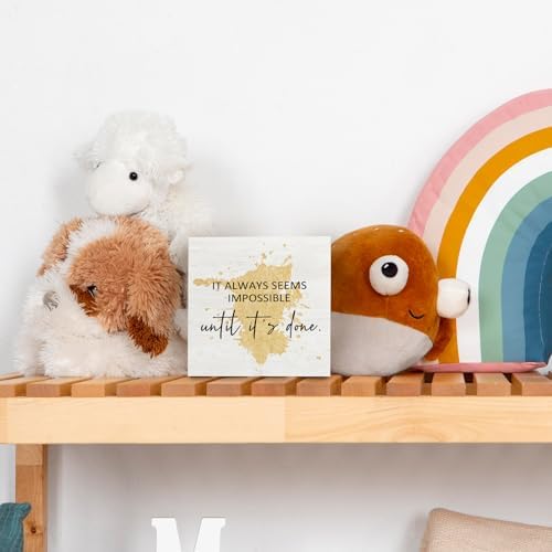 Office Gold Wooden Box Sign Desk Inspiring Quotes It Always Seems Impossible Until It's Done Office Motivational Decorative Signs for Office, Inspirational Home Shelf Desk Decor 5x5 Inch - Image 4